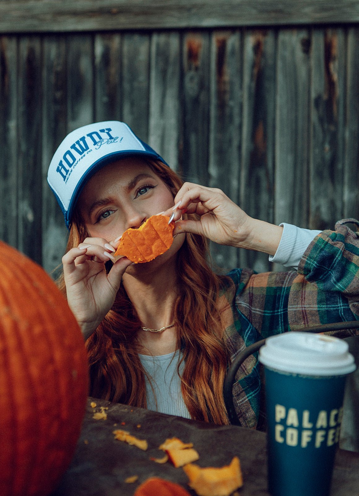 Howdy Pal trucker hat worn at a Palace Coffee fall event